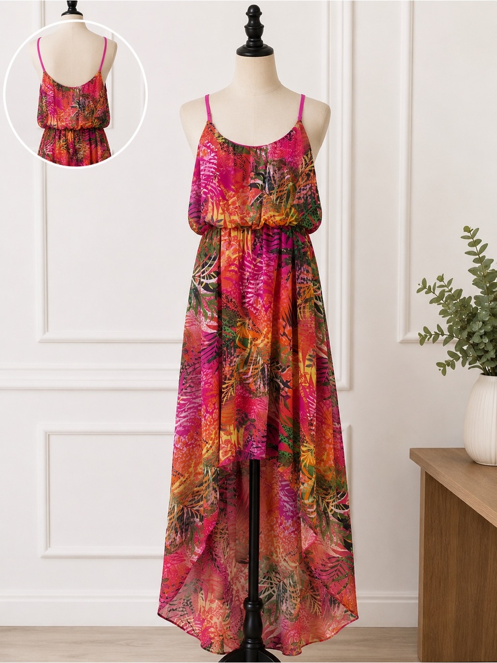 Tropical Pink High-Low Maxi Dress with Spaghetti Straps